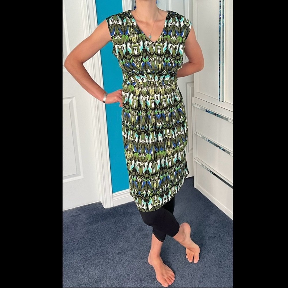 Vintage multigreen abstract dress- low empire waist, with V-neck